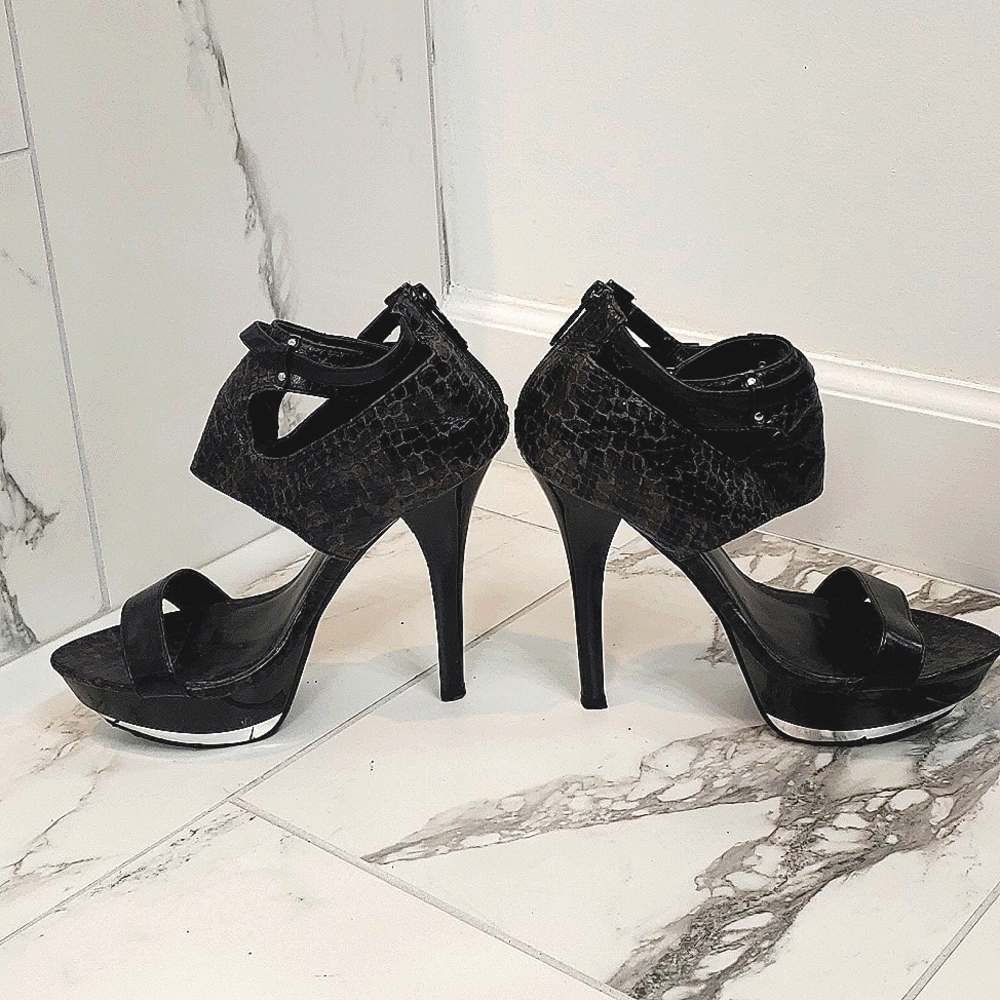 Michael Antonio 5 inch heels black with snake detail, back zipper, buckle etc.
